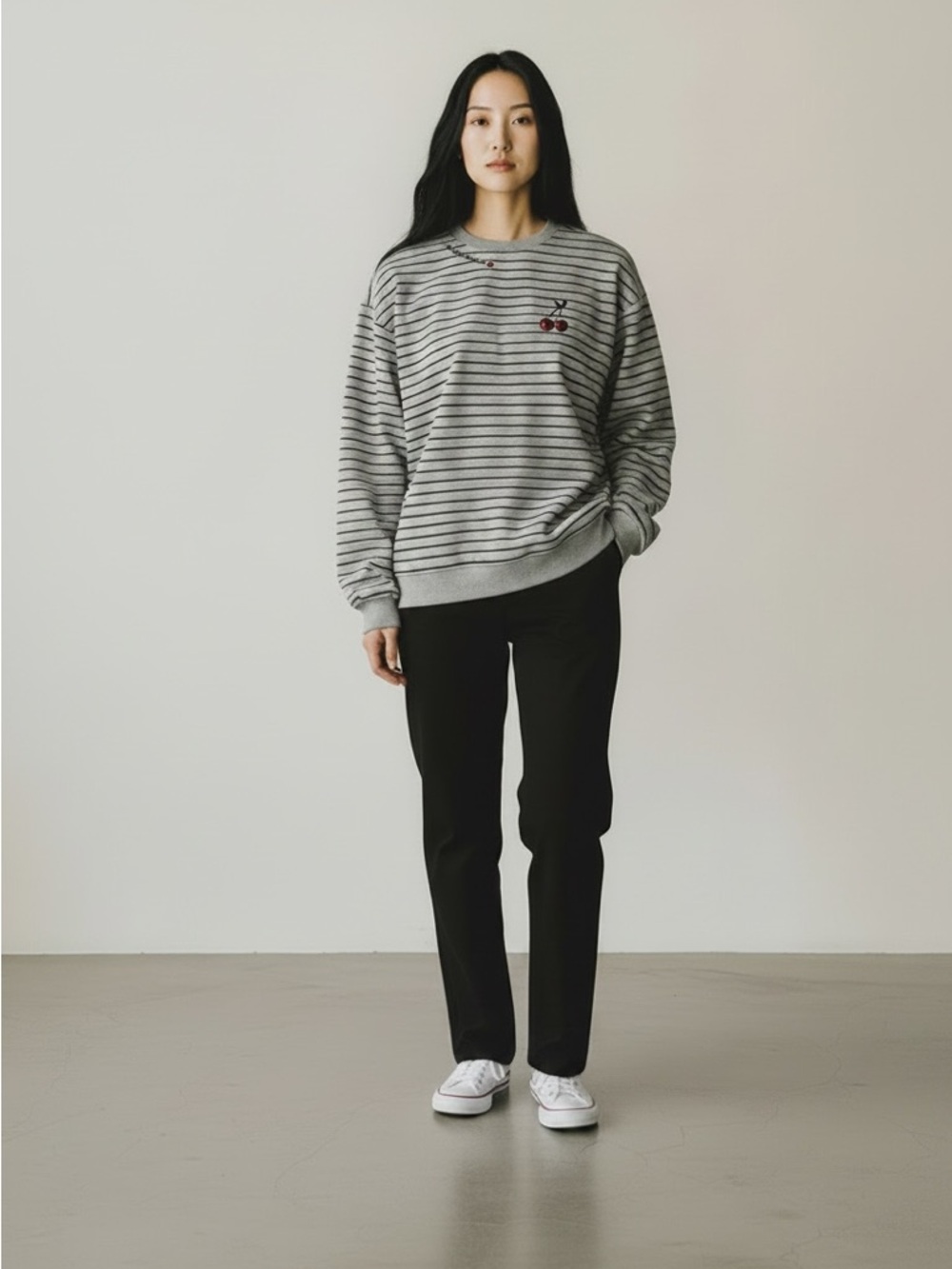 NWT Tamnoon Striped Gray Sweatshirt with Cherry Patch Cotton Made in Israel